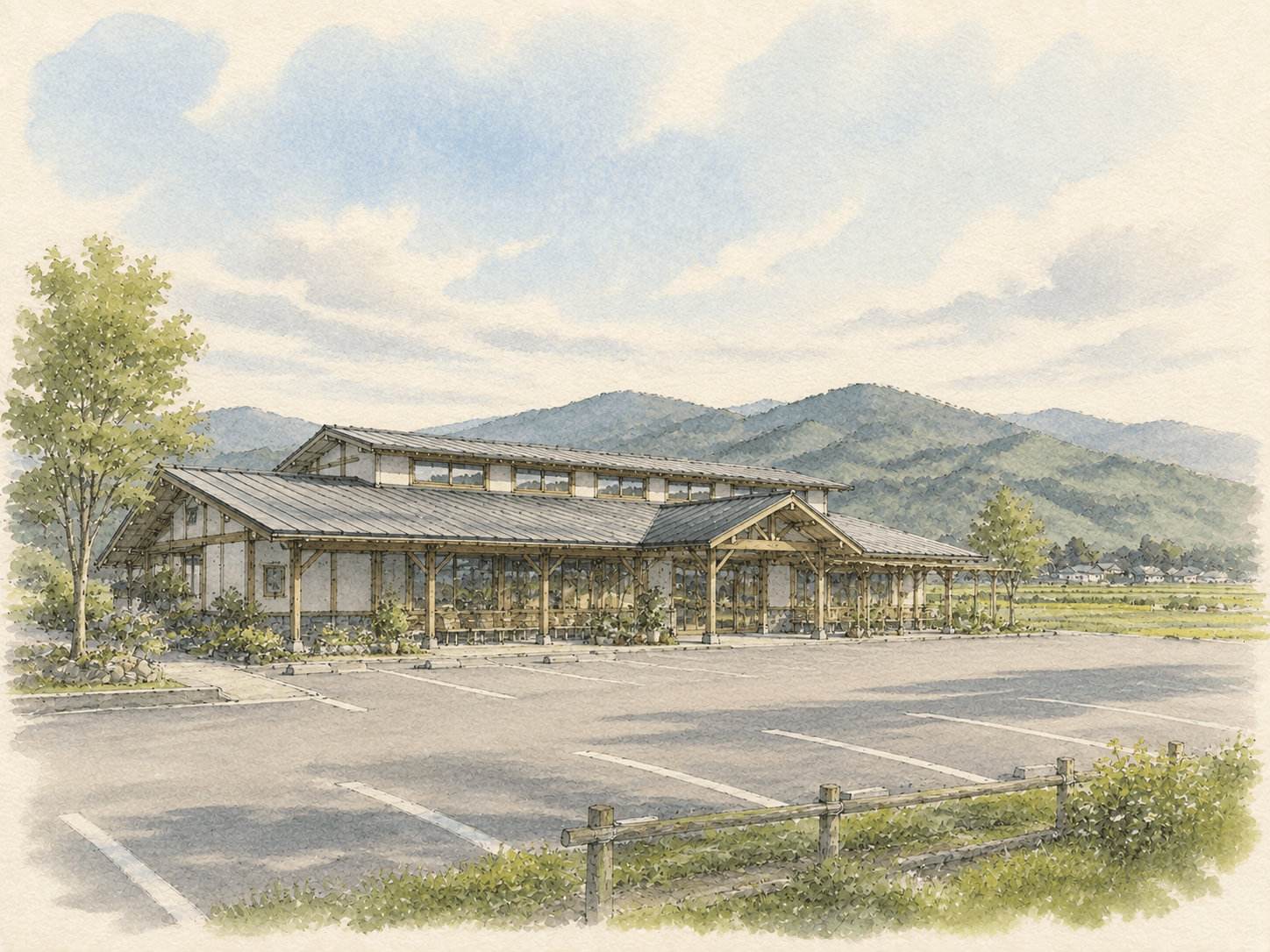 新しい道の駅田野の全体像をやわらかく描いた水彩イラスト